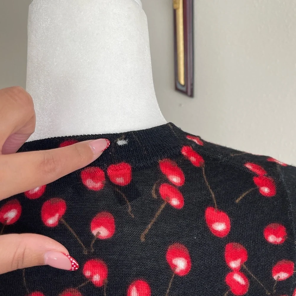 J Crew Wool Cherry Print Black Top Size S
